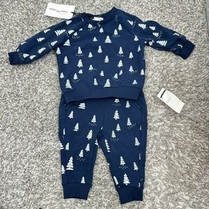 Miles the Label 3M‎ 2pc Outfit Set Navy Blue Christmas Tree Organic Cotton NWT